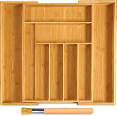 Produktbild von Bamboo Besteck Organizer, Ausziehbar 32-52 * 41 * 5 cm, 7-9 Fächer, Für Küche