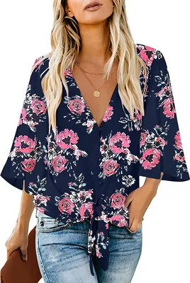 Image de ASKSA Chemisier Femme Elégant Motif Fleurs Mousseline Manches Bell Col V Chemise Casual Eté Hauts, Bleu Foncé, M