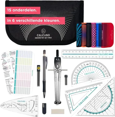 Zdjęcie produktu dla Zestaw geometryczny Pro, czarne etui, z cyrklem i kątownikiem, kompletny zestaw narzędzi pomiarowych, do