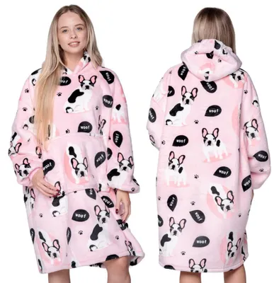 Obrázok produktu pre Veľká, pohodlná mikina ako deka XXL - Teplá deka s rukávmi - Fleece, ružová, s motívom buldogov
