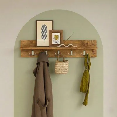 Immagine prodotto di Appendiabiti da parete con ripiano, 5 ganci, effetto legno di pino, 80 cm