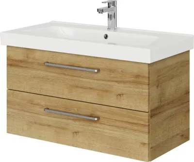 Produktbild von Pelipal Badmöbel-Set Sunline 105 BxHxT 92,5 x 56 x 46,5 cm Frontfarbe Eiche riviera mit Keramik-Waschtisch und Waschtisc