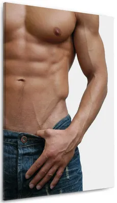 Produktbild von Wallario Premium Leinwandbild Halbnackter Mann mit Jeans in Größe 60 x 90 cm