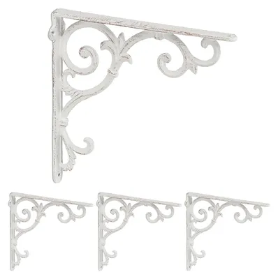 Image de TRANKIELO® - Ensemble de 4 supports muraux en fonte pour étagères - Supports d'étagères de style antique en blanc - Supports muraux robustes de 24,5 x 4 x 24,5 cm