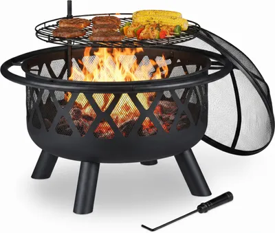Produktbild von Relaxdays Feuerschale mit Grillrost, Funkenschutz & Schürhaken, Ø 75 cm, Stahl, Feuerstelle Garten & Terrasse, schwarz