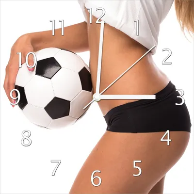 Produktbild von Wallario Design Wanduhr Fußball - sexy Frau mit einem Fußball aus Echtglas, Größe 30 x 30 cm