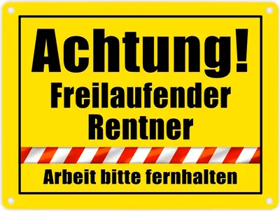 A yellow warning sign with black text and a red and white striped border.
