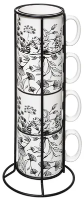 Produktbild von Kaffeebecher Flowers - 4x Stuck im Metallgestell - Keramik - glanzend - 240 ml - 7 x 8 cm