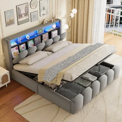 Productafbeelding van Boxspringbed 180x200 cm met hydraulische opbergruimte, hoofdeinde met opbergruimte, USB- en Type-C-aansluitingen, LED-verlichting, en fluweelstof in grijs, geschikt voor de slaapkamer