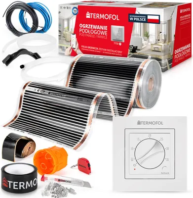 A collection of items for an underfloor heating system installation, including heating mats, wires, a thermostat, and tools.