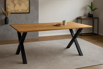 Produktbild von Esstisch Baumkante massiv Eiche geölt 200 x 100 cm X-Gestell schwarz SALVADOR