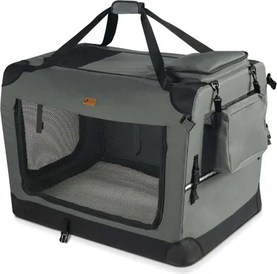 A gray and black foldable dog crate is shown against a white background.