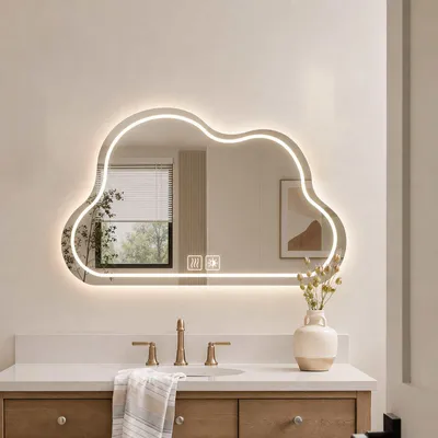 Zdjęcie produktu dla Lustro do łazienki LED, kształt chmury, montaż na ścianie, asymetryczne, antyfogging, możliwość regulacji jasności, 3 barwy światła, panel dotykowy, kolor srebrny, wymiary 50x70 cm