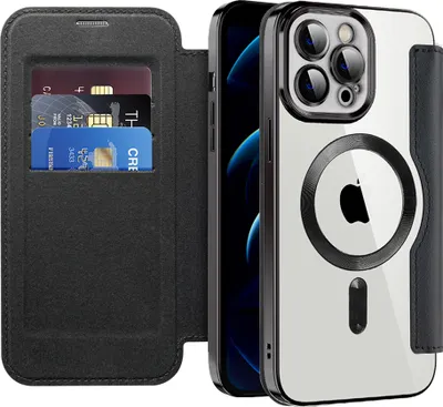 Image de Etui pour iPhone 12 Pro Max compatible avec MagSafe, étui transparent avec porte-cartes, étui en cuir avec protection de l'appareil photo noir