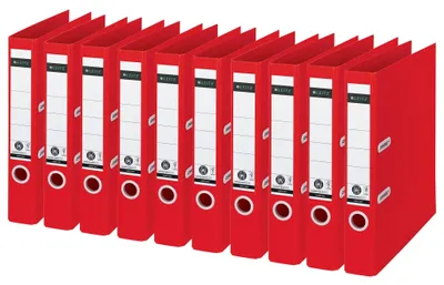 Imagen del producto de 10 unidades de carpetas de alta calidad LEITZ 10190025, fabricadas con materiales reciclados, de 180°, formato A4, 50 mm de ancho, color rojo