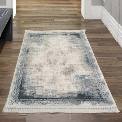 Produktbild von Moderner Orient Wollteppich mit Fransen in blau Größe - 80 x 150 cm