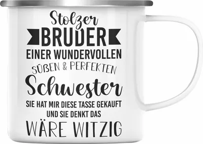 Produktbild von Trendation - Bruder Geschenk von Schwester - Stolzer Bruder - Emaille Tasse mit Spruch Emaille Emaille Tasse Bruder Geschenkidee (Silber)