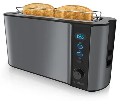 Image de Grille-pain Arendo 2 tranches, fente longue, fente longue, acier inoxydable, 1000W, écran avec indication du temps restant, support à petits pains, fonction dégivrage, boîtier thermo-isolant, gris