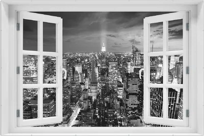 Produktbild von Wallario Wandbild mit Fenster-Illusion: New York bei Nacht - Panoramablick über die Stadt - schwarzweiß, Größe: 61 x 91,5 cm, Poster mit rahmenlosen Bildhalter