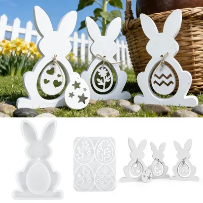 Produktbild von Silikonformen für Osterhasen und Ostereier, ideal zum Basteln eigener Oster- und Frühlingsdekorationen.