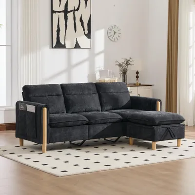 Produktbild von STILVORA Sofa 3-Sitzer im nordischen Stil mit Aufbewahrungshocker und Seitentaschen, L-Sofa mit Holz-Tischbeinen, Ecksofa für kleine Räume Schwarz,Chenille