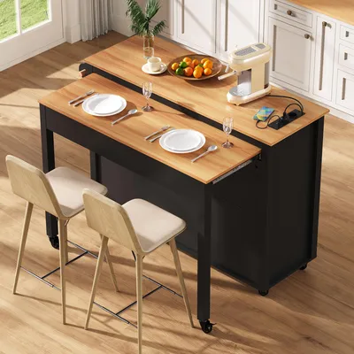 Image de OKWISH Îlot de Cuisine Extensible sur Roulettes - avec Prises et Étagères Réglables - MDF Noir - 120x40-75x92 cm