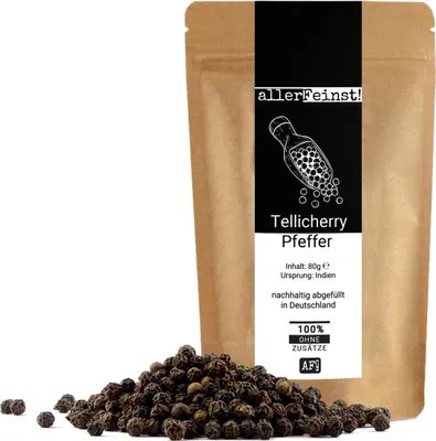 Produktbild von Tellicherry Pfeffer ganz | Premium schwarzer Pfeffer aus Indien (Piper nigrum L.) | Aromatisch, nussig & leicht scharf - 80g