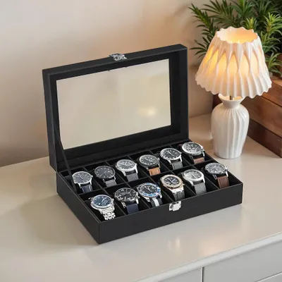 Immagine prodotto di Scatola per orologi con 12 scomparti – Coperchio trasparente – Vetro – Nero – 30 x 21 x 8,5 cm