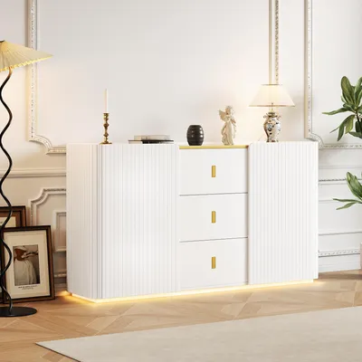 Imagen del producto de Mueble aparador LED, 150x35x80 cm, 2 puertas, 2 cajones, iluminación LED (blanca)