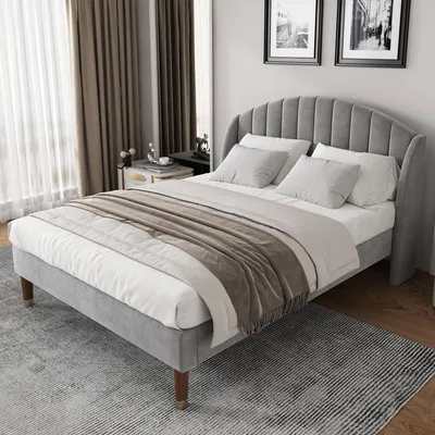 Image de OKWISH Lit Double 160x200 cm - Lit Rembourré Adolescent - Velours - Sans Matelas - Gris