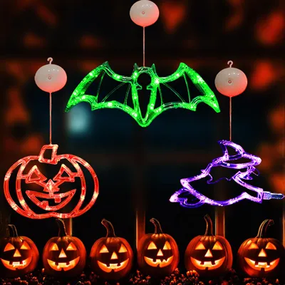 Halloween-Fensterleuchten, 3 Stück, LED, Kürbis, Fledermaus, Hexe