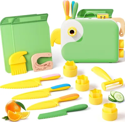 Produktbild von Kindermesserset, 2 Jahre, Holzmesser, Schneidebrett, Aufbewahrungsbox, Gemüseausstecher, für Küche