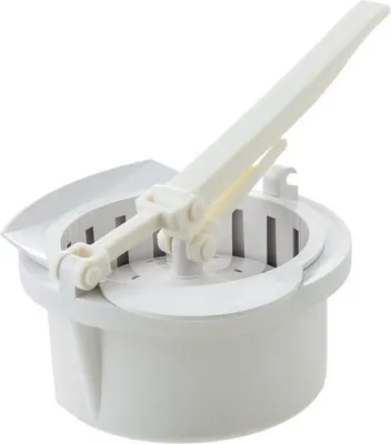 A white potato squeezer for an electric grater is shown against a white background.