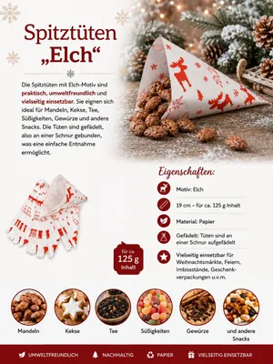 Produktbild von Spitztüten aus Papier, ELCH, gefädelt, 60 g/m², 125 g / 19 cm, 500 Stück