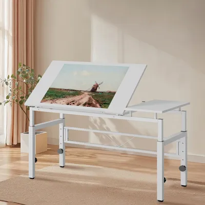 Image de Table à dessin réglable, bureau à dessin blanc avec plateau inclinable et 4 pieds réglables, pour le bureau, la salle d'étude, le salon ou la salle de classe