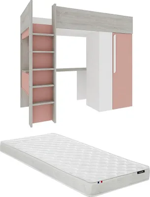 Produktbild von Zwischengeschossbett 90 × 200 cm mit Kleiderschrank und Schreibtisch - Rosa und weiß + Matratze - NICOLAS