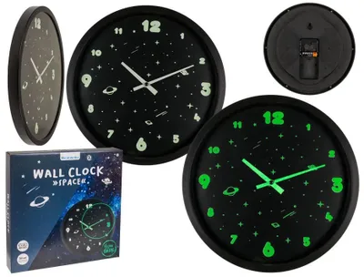 A collage of images showing a wall clock with a space theme, including its packaging and a close-up of its glowing numbers.