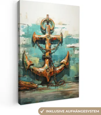 Produktbild von MuchoWow® - Leinwandbilder - Anker - Blau - Weiß - Maritim, Wandbild, Wanddeko Bilder Wohnzimmer, 60x90 cm