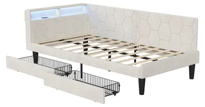 Obrázok produktu pre Postel s čalúnením – posteľ na denné používanie – 90 x 200 cm – 2 zásuvky – úložný priestor – zamat – rošt – béžová