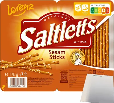 Produktbild von Lorenz Snack World Saltletts Sticks Sesam (175g Packung) + usy Block