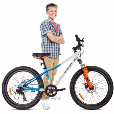 Produktbild von Jugend-Mountainbike MTB 24 Zoll für Jungen und Mädchen, z. B. zur Kommunion, Shimano 7-Gang-Schaltung mit Federbein, breite Calix-Reifen, weiß/blau