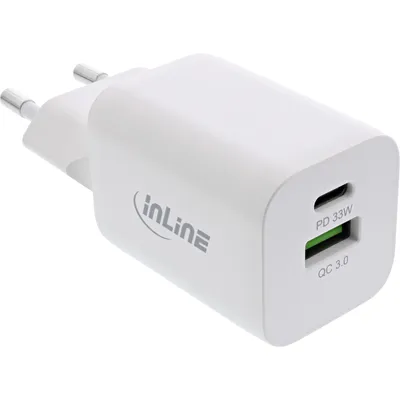 Produktbild von InLine Power Delivery + Quick Charge USB Netzteil, 33W, USB-A + USB-C, weiß, Drinnen, AC, 20 V, Weiß