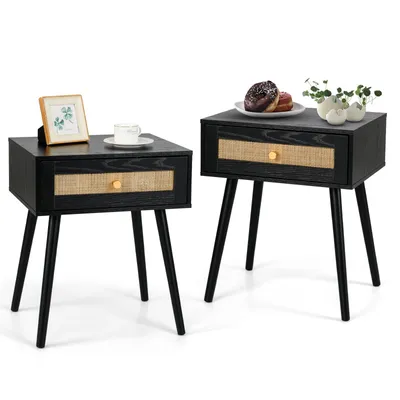 Image de COSTWAY Table de chevet 2 places en poly rotin, table de chevet avec tiroir & pieds en bois massif, table d'appoint, table basse, table de nuit style boho 48x40x58cm noir