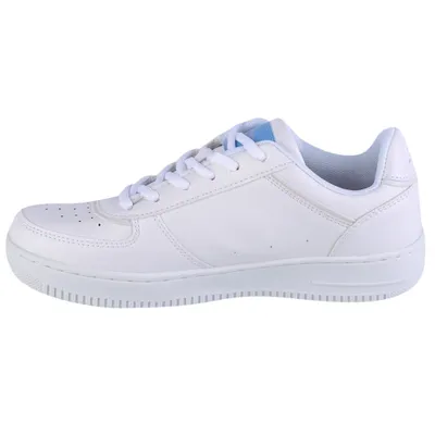 A side view of a white Kappa sneaker with blue accents.