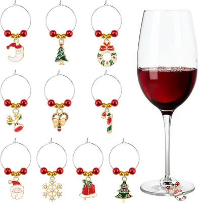 Produktbild von MELLIEX 10 Weihnachtsschmuckstücke für Weingläser – Ringe – Weingläser – Anhänger – Wiederverwendbare Glasmarkierungen – Champagnergläser