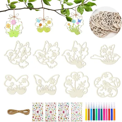 Produktbild von Holzanhänger 24-teilig, mit Stiften und Aufklebern, DIY Dekoration zum Basteln, für Ostern