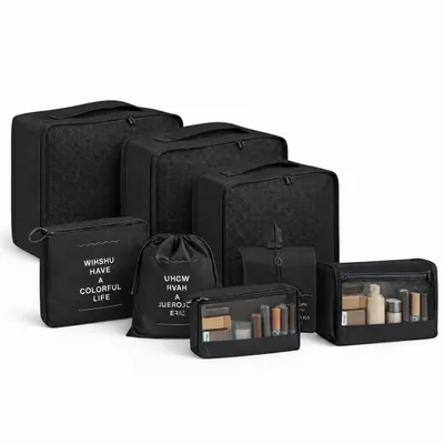 Produktbild von Kofferorganizer 8er Set mit Kosmetiktasche – Packtaschen & Packwürfel für Reisen, ideale Kleidertasche (Schwarz)