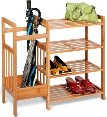 Immagine prodotto di Pratica scarpiera in legno chiaro per 8 paia di scarpe con portaombrelli integrato - Scarpiera compatta 106x74x28 cm per corridoio e ingresso