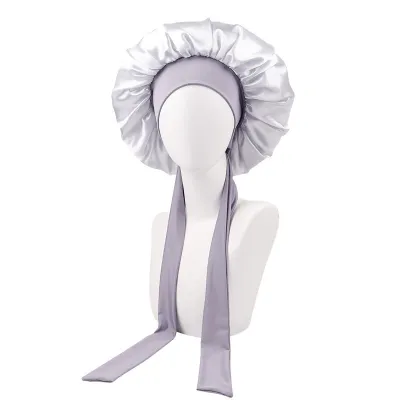 Produktbild von Duschhaube für Damen, Schlafhaube aus Satin, einfarbig, verstellbar, mit Schnürung und Schleife, wasserdicht, hohe Dichte, Damenzöpfe, lockige Nachtmütze, Schönheitssalon-Kappe, Salonhut