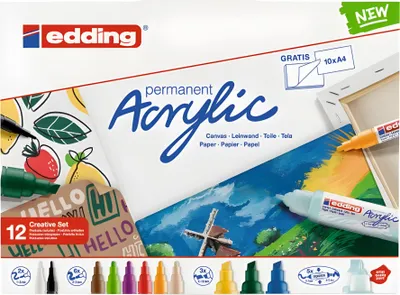 The image shows the packaging of an Edding acrylic marker set, featuring artwork and product details.